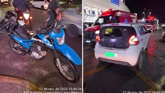 Acidente faz motociclista parar embaixo de carro